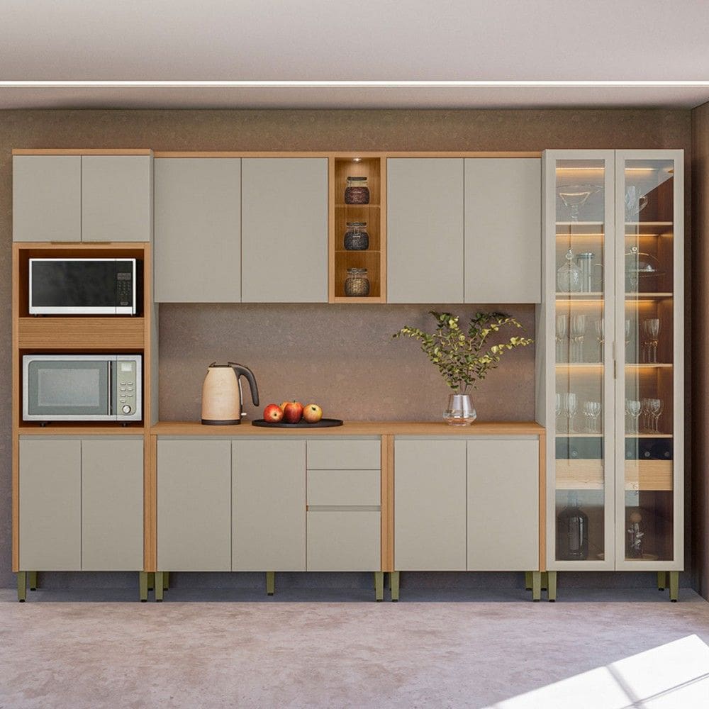Cozinha Completa Allure 15 Portas 4 Gavetas 100% Mdf com Vidro Jequitibá/Gris - Linea Brasil