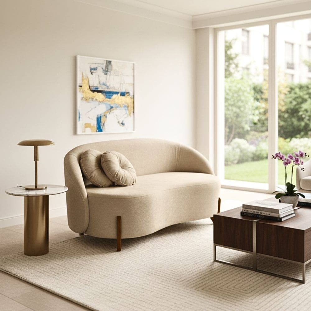 Sofá Orgânico 2 Lugares C/2 Almofadas Curvo Sala Recepção Amsterdã Boucle Bege - Montanari`s Decor