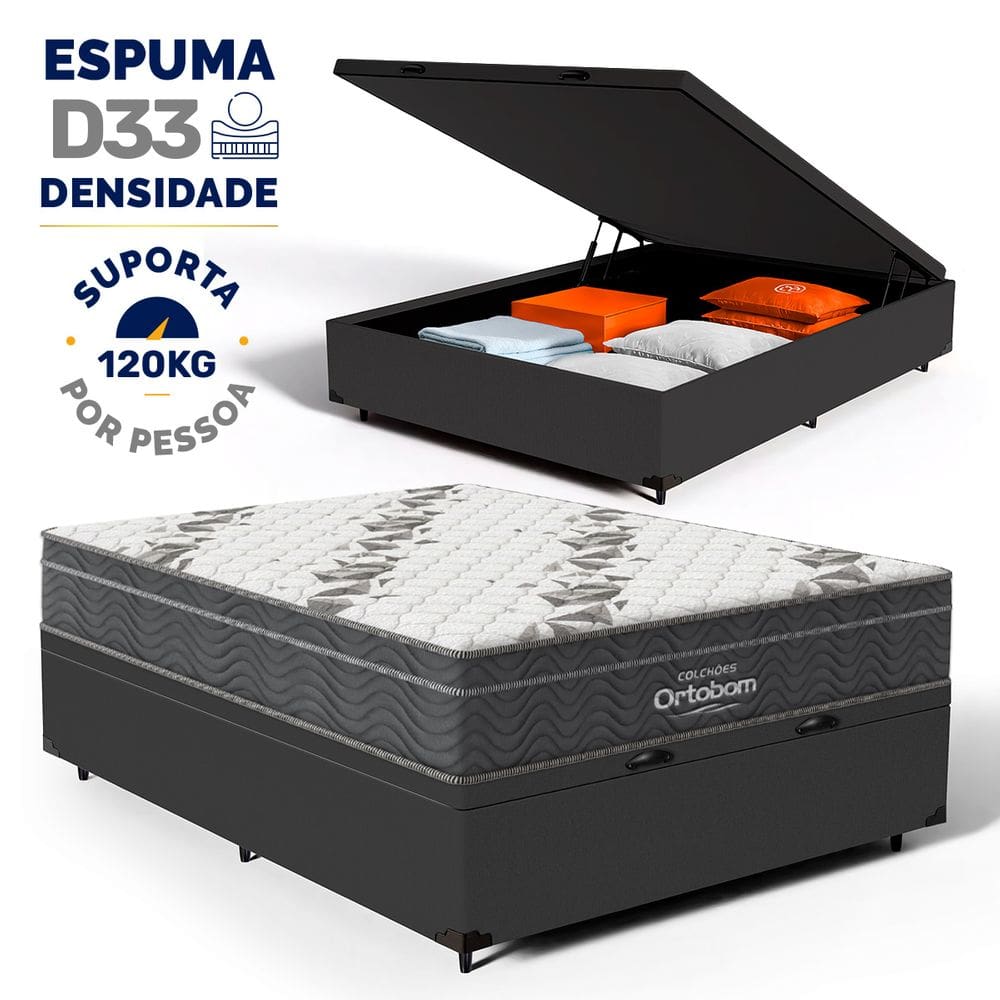Cama Box Baú com Colchão de Espuma D33 Ortobom Airtech Ortopillow 100 Casal 138cm