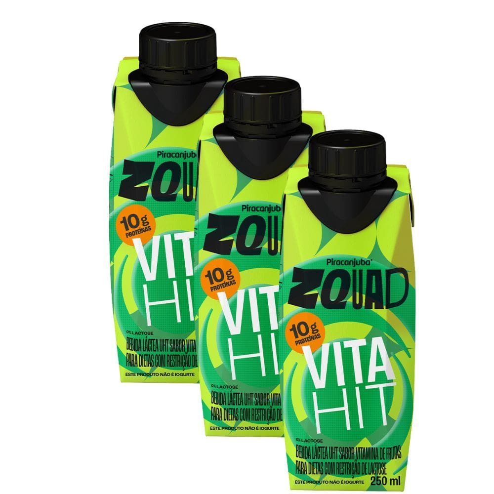 Kit 3 Bebida Láctea Piracanjuba ZQuad Vita Hit Sabor Vitamina de Frutas com 10g de Proteína 250ml