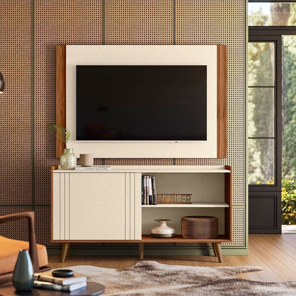 Rack com Painel Fresno para Tv 50 Polegadas New Austin Perola Metalizado/ Cinamomo Mel