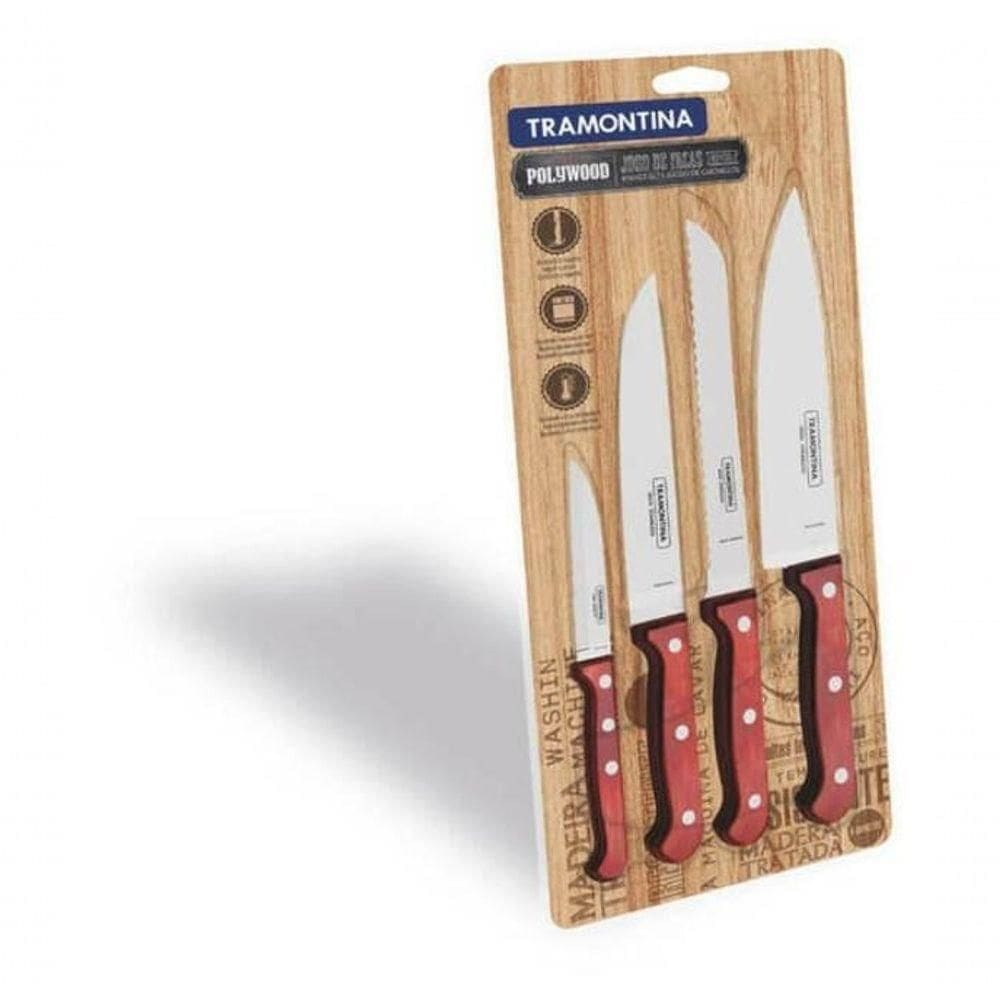 Jogo De Facas Tramontina Aço Inox Polywood Vermelho 4 Peças