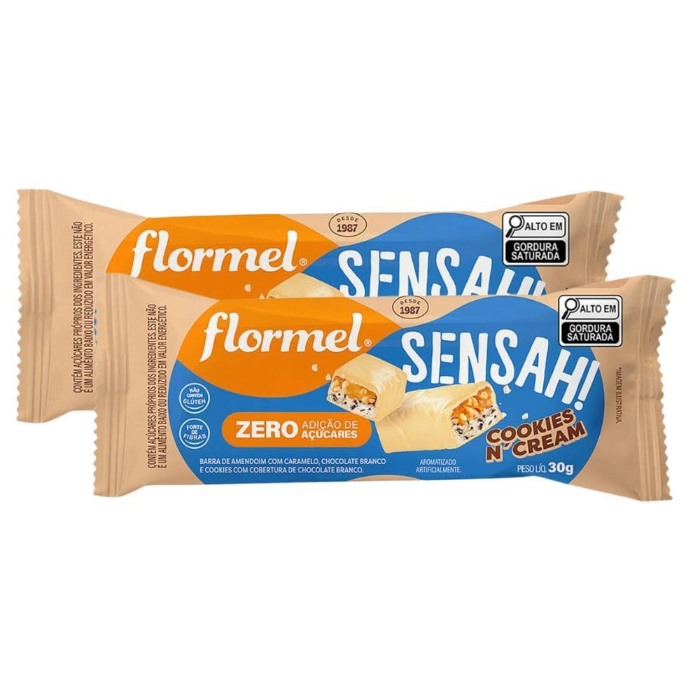 Kit 2 Barra de Amendoim Flormel Sensah! Cookies n`Cream com Cobertura de Chocolate Branco 30g