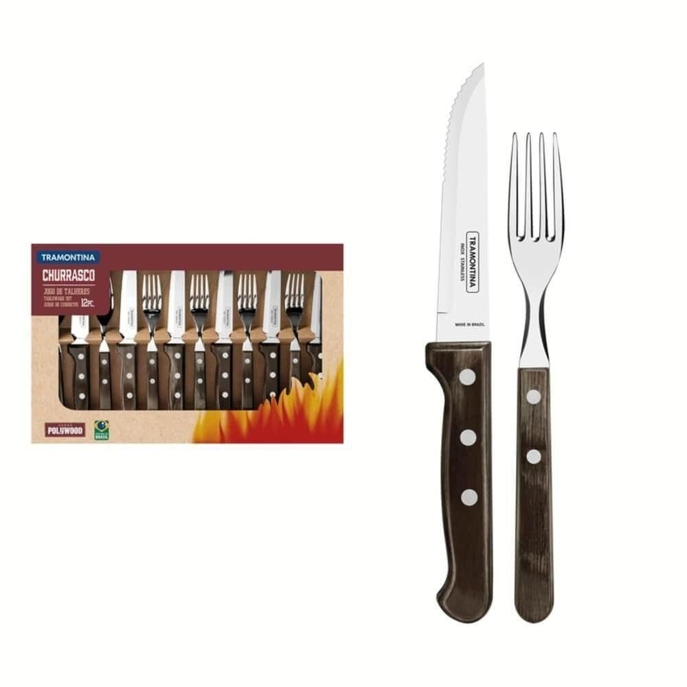 Jogo De Churrasco Jumbo Em Inox Tramontina Polywood Castanho 12 Peças