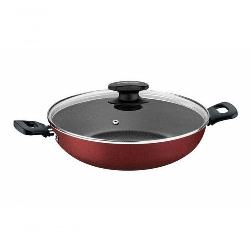 Wok Tramontina Loreto 28cm Em Alumínio Revestimento Antiaderente E Tampa De Vidro Vermelha