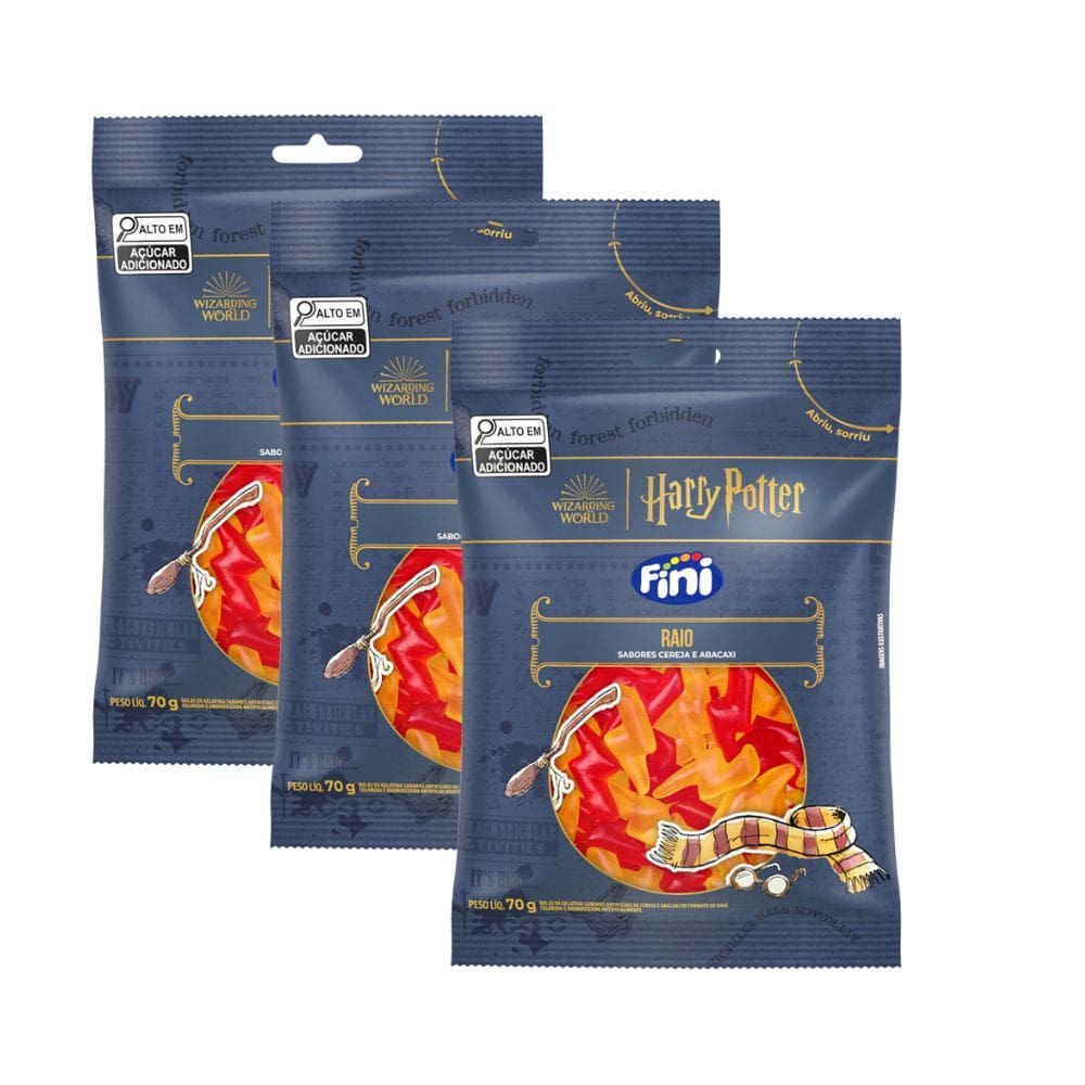 Kit 3 Balas de Gelatina Fini Harry Potter Raio Sabor Cereja e Abacaxi 70g