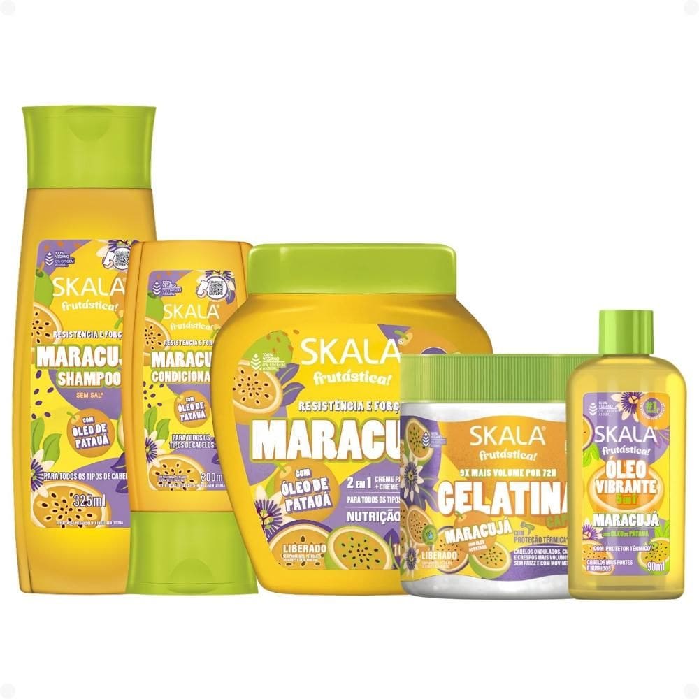 Kit Skala Frutástica Maracujá: Shampoo, Condicionador, Creme Tratamento 1000g, Gelatina e Óleo Capilar 90ml