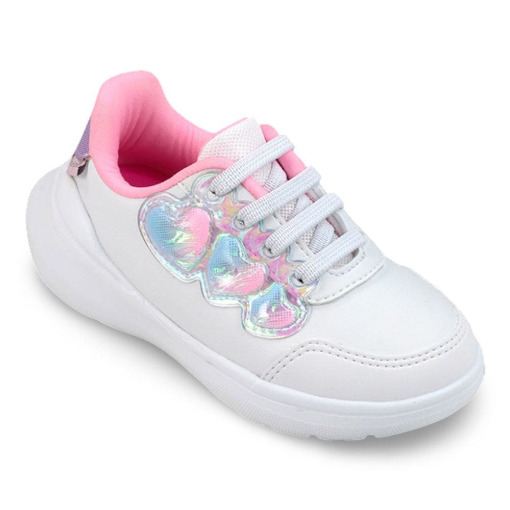 Tênis Infantil Menina Pampili Sky Coração Holográfico Branco
