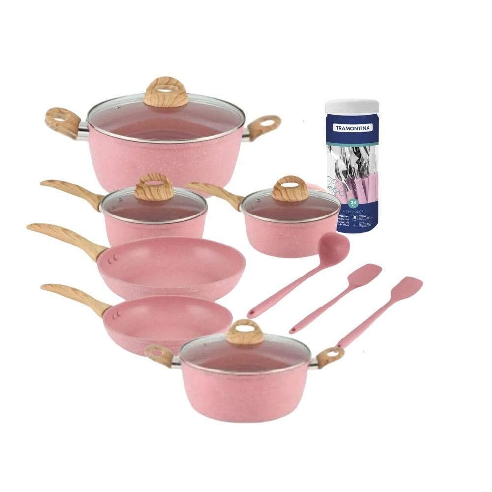 Kit Panelas 9pçs Flamingo Com Faqueiro Tramontina 24pçs Rosa