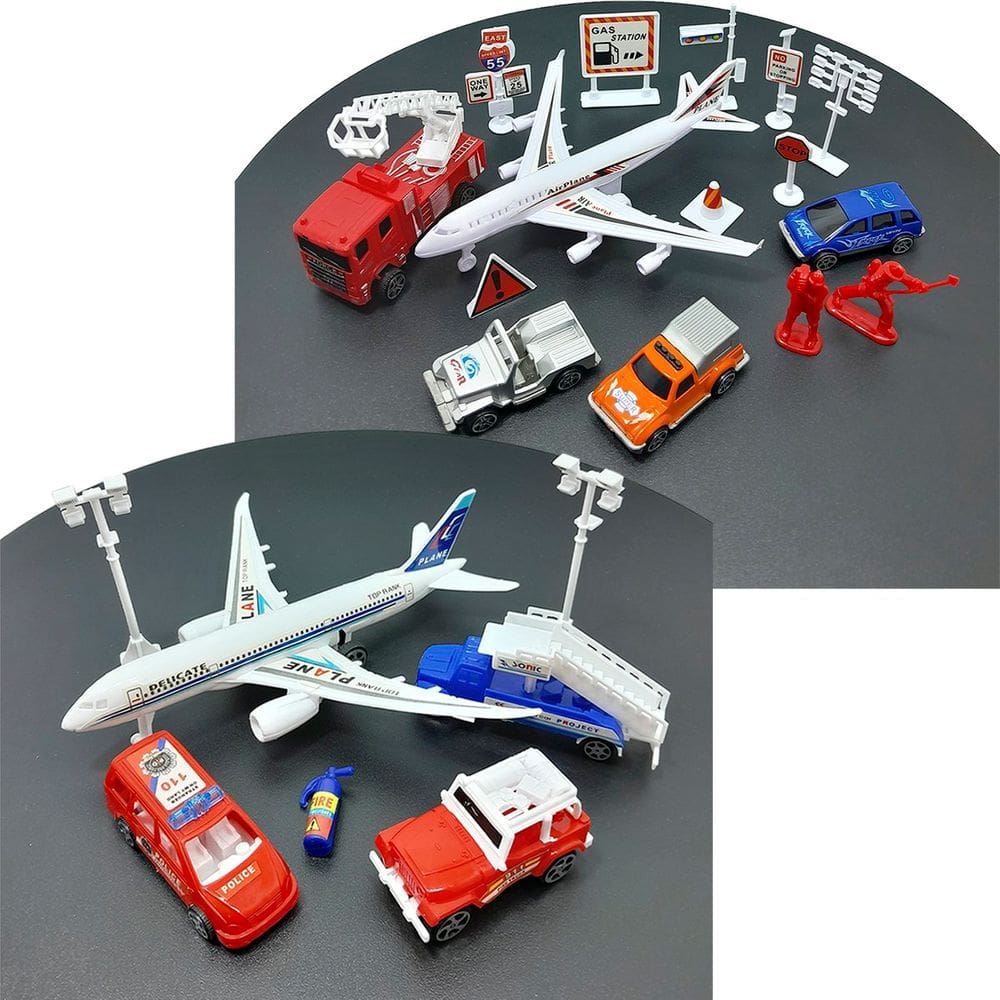 Kit Brinquedo Aeroporto Transito Cidade 22Pçs Avião Carrinho
