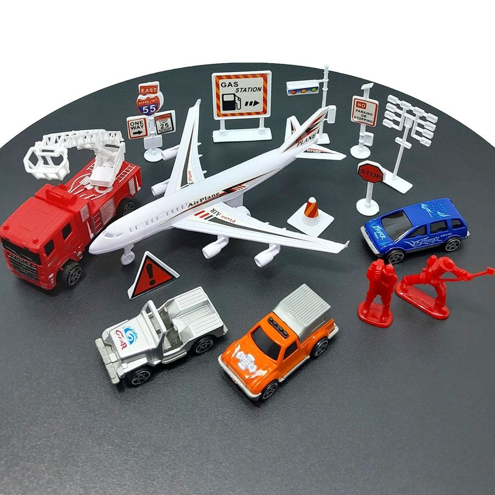 Kit Brinquedo Aeroporto Cidade 15Pçs Carrinho Bombeiro Avião