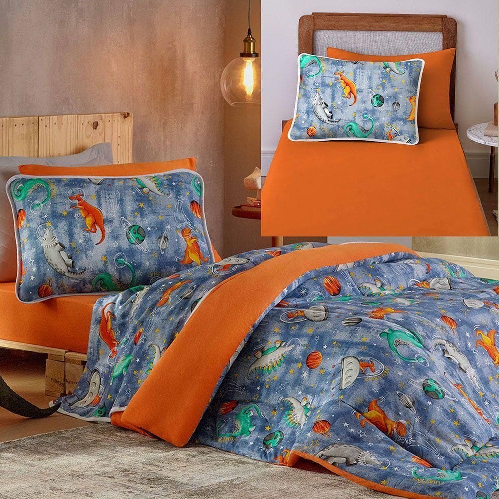 Kit Coordenado Edredom Com Lençol Solteiro Mymo - Dinossauro - 100% Algodão