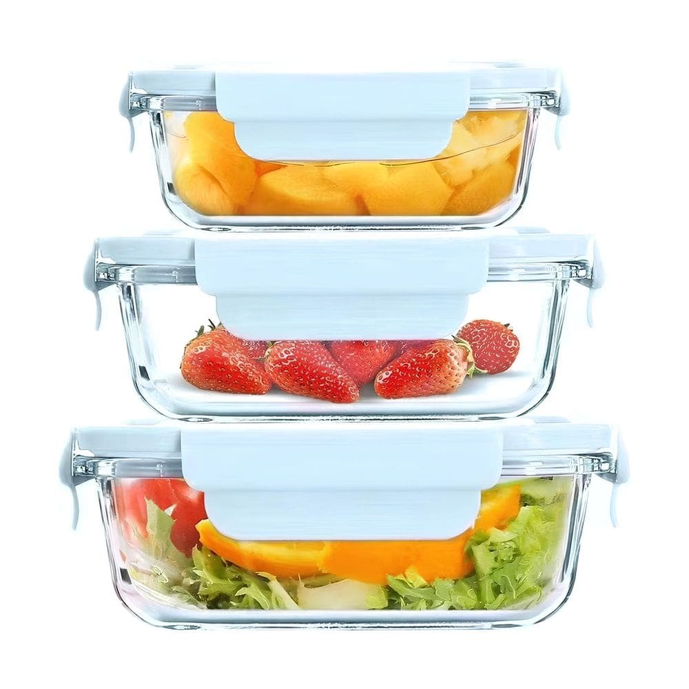 Jogo C/ 3 Potes de Vidro Marmita C/ Tampa Retangular 410ml/680ml/1000ml CORES