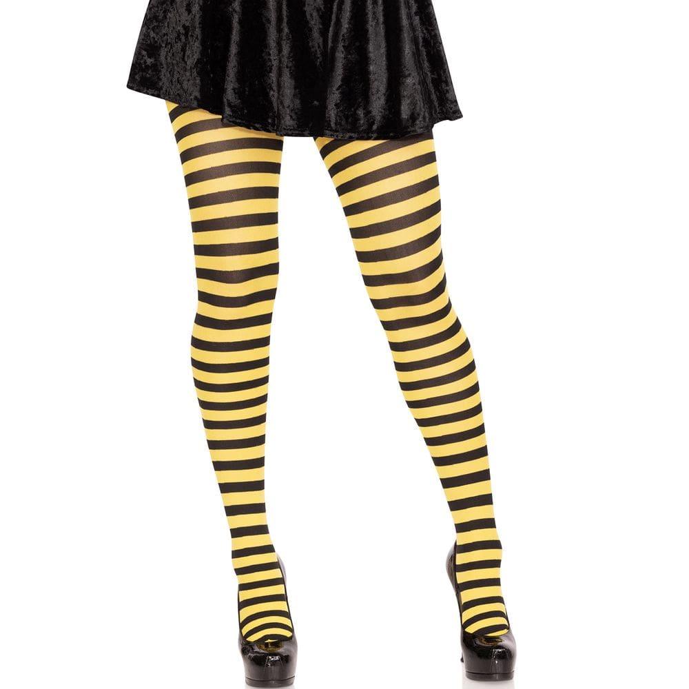 Meia-calça feminina Leg Avenue, de nylon, listrada em preto/amarelo