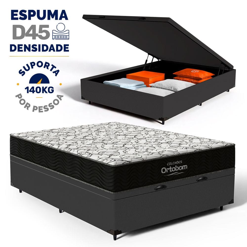 Cama Box Baú com Colchão de Espuma D45 Ortobom Airtech 150 D45 Casal 138cm