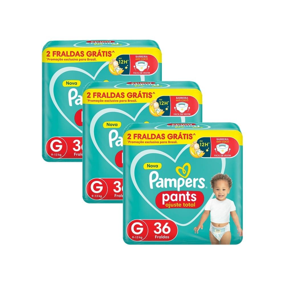 Kit 3 Fralda Pampers Pants Ajuste Total Tamanho G com 36 Fraldas Descartáveis