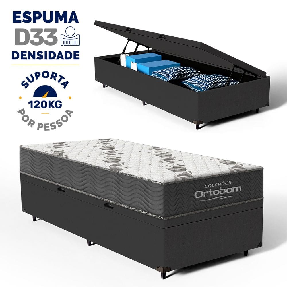 Cama Box Baú com Colchão de Espuma D33 Ortobom Airtech 100 Solteiro 88cm