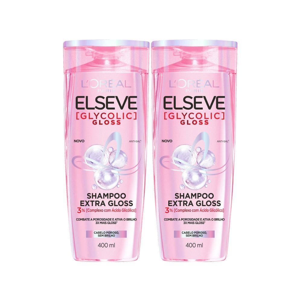 Kit 2 Shampoo Elseve Glycolic Gloss L`oréal Paris Extra Gloss Cabelo Poroso e sem Brilho 400ml