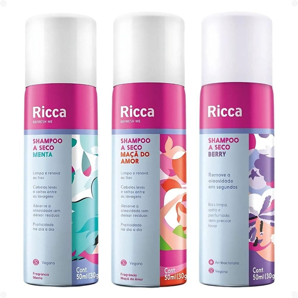 Kit Belliz Ricca Shampoo A Seco: 1 Menta, 1 Maçã do Amor e 1 Berry 50ml