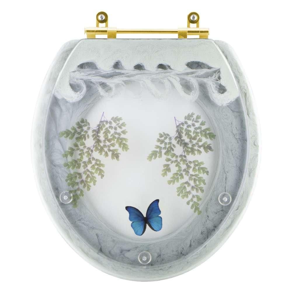 Assento Sanitário Poliester Oval Verde Agua Decorado Borboleta Azul Com Ferragem Dourada