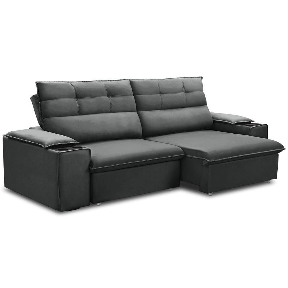 Sofá Retrátil Reclinável Para Sala 3 Lugares 225cm Gordon F04 Veludo Cinza Escuro - Lyam Decor
