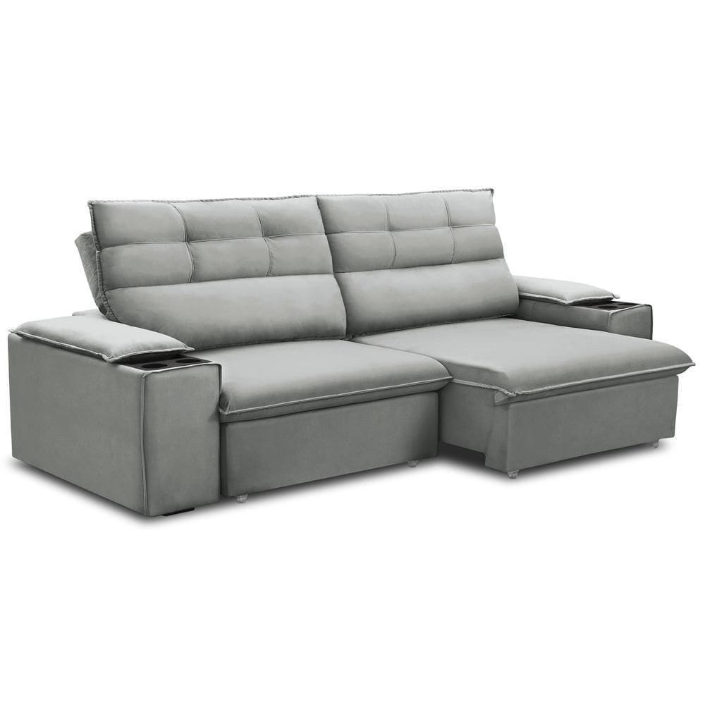 Sofá Retrátil Reclinável Para Sala 3 Lugares 205cm Gordon F04 Veludo Cinza Claro - Lyam Decor