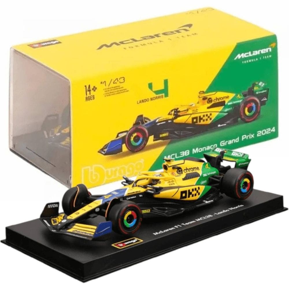 Miniatura Bburago McLaren F1 MCL38 Monaco Grand Prix 2024 Lando Norris 4 1/43 c/ Piloto (Senna)