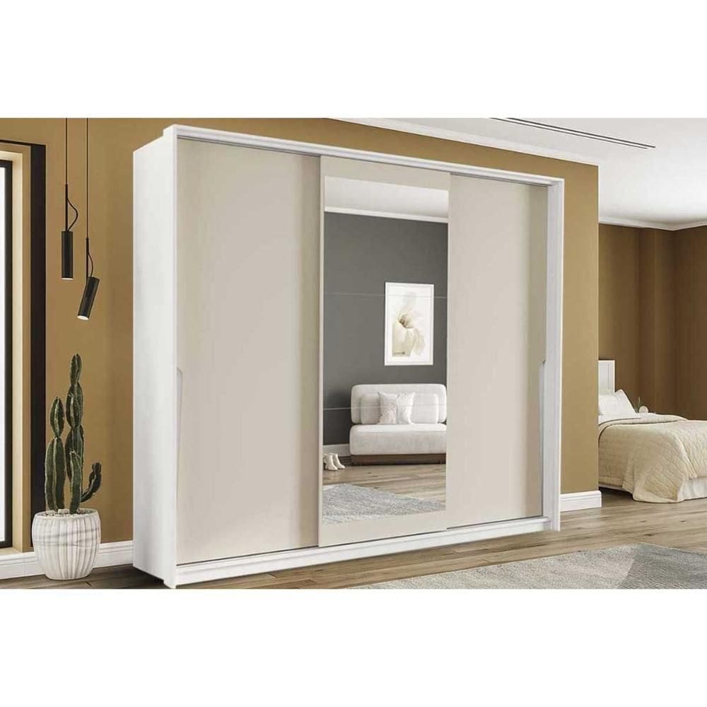 Guarda Roupa Casal 3 Portas De Correr (1 C/ Espelho) E 4 Gavetas Porto Branco/creme - Politorno