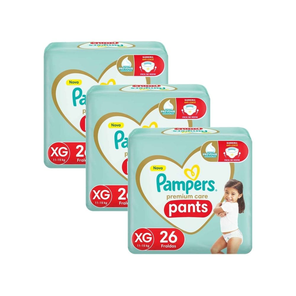Kit 3 Fralda Infantil Pampers Premium Care Pants Tamanho XG com 26 Unidades