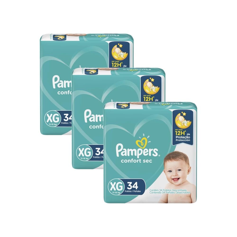 Kit 3 Fralda Pampers Confort Sec Tamanho XG 34 Unidades