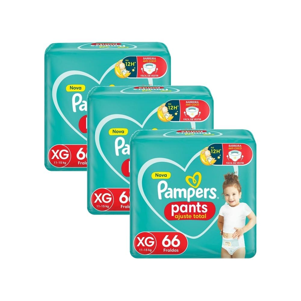 Kit 3 Fralda Pampers Pants Ajuste Total Tamanho XG com 66 Unidades