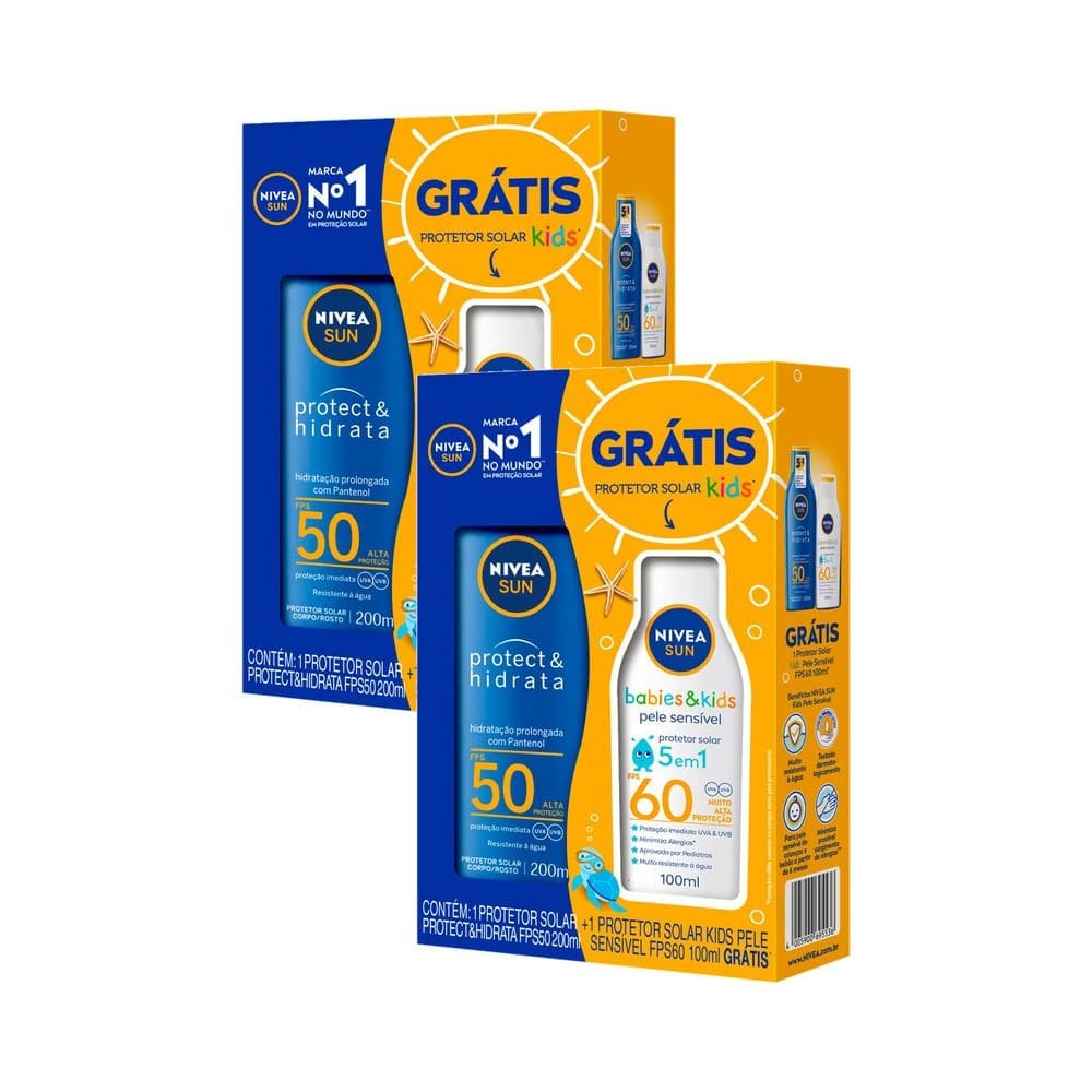 Kit 2 Protetor Solar Nivea Sun Protect & Hidrata FPS 50 Loção 200ml e Ganhe Protetor Solar Nivea Sun Kids Sensitive FPS 60 Loção 100ml
