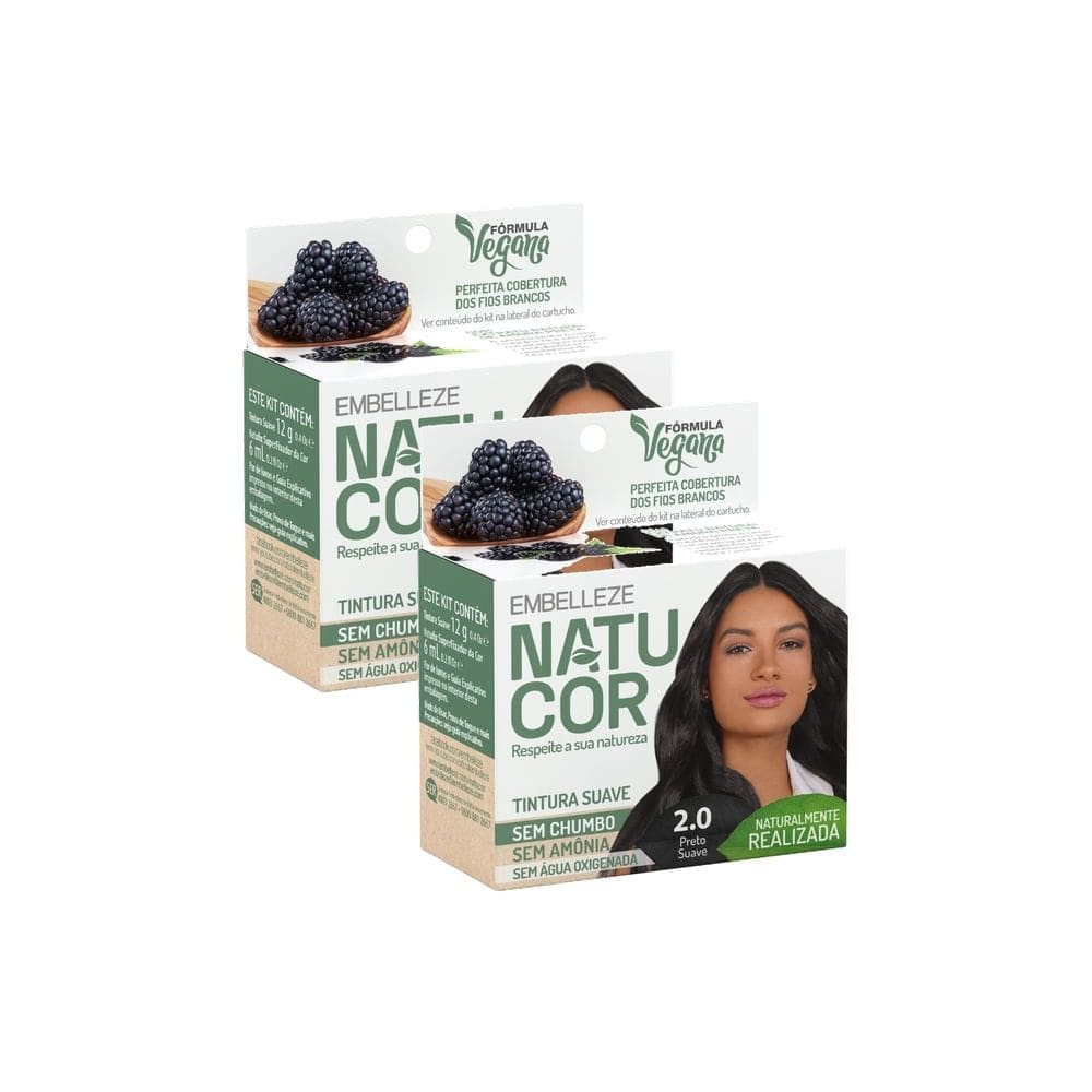 Kit 2 Tintura Pó Natucor Embelleze Amora-Preta Preto Suave 2.0