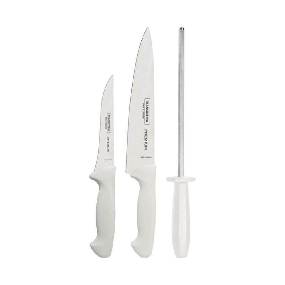 Jogo De Facas Tramontina Premium Com Lâminas Aço Inox Com Chaira 3 Peças