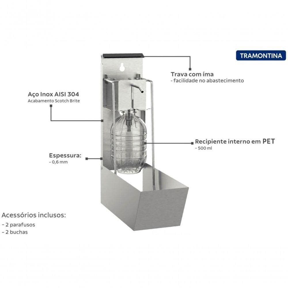 Dispenser De álcool Gel E Sabão Líquido 500ml Tramontina Em Inox Com Acabamento Escovado