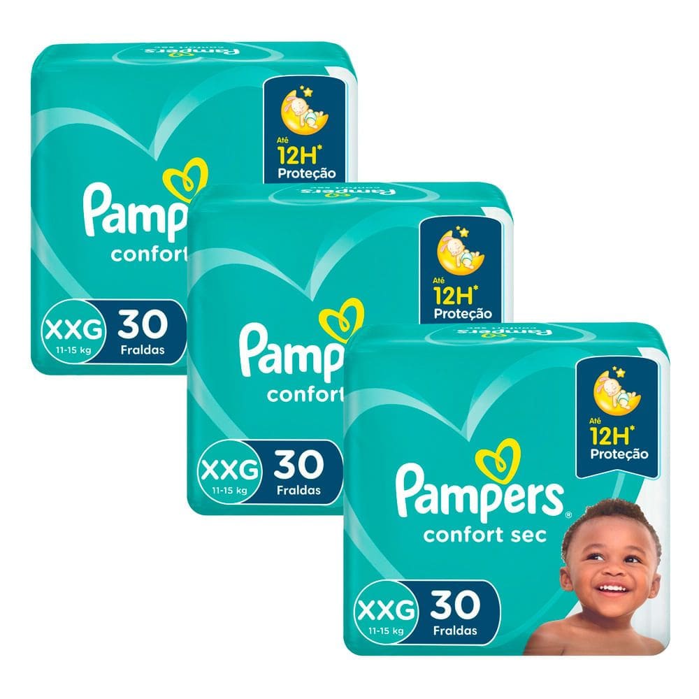 Kit 3 Fralda Pampers Confort Sec Tamanho XXG Pacote Mega com 30 Fraldas Descartáveis cada