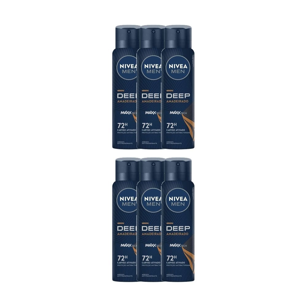 Kit 6 Desodorante Nivea Men Deep Amadeirado Aerosol Antitranspirante 48h 150ml