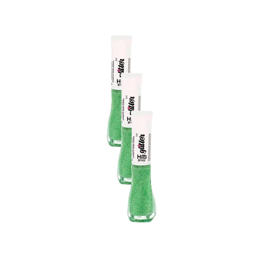 Kit 3 Esmalte Hits Glitter 5Free Cor Diamante Verde Aurora 8ml