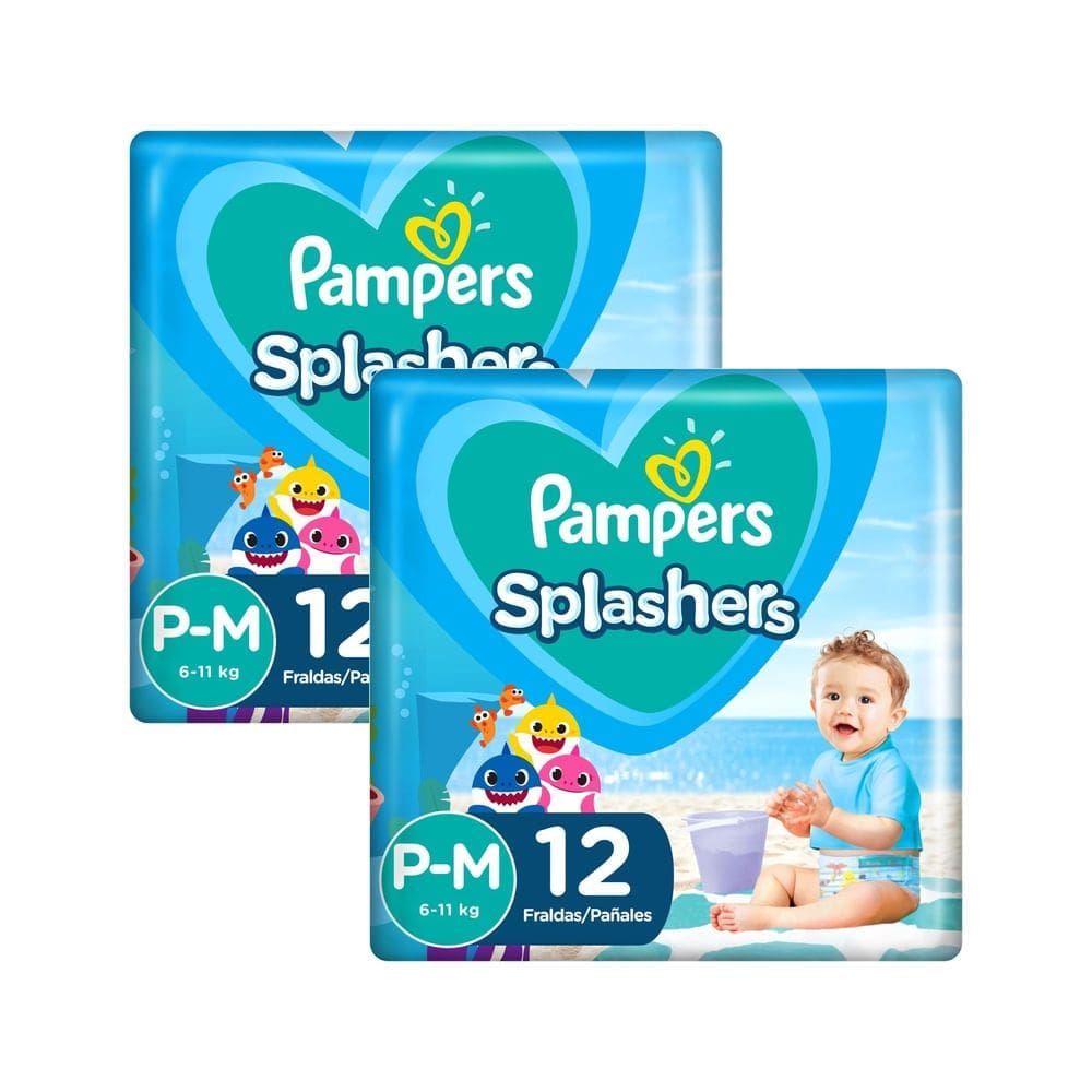Kit 2 Fralda Pampers Splashers Baby Shark Tamanho P/M com 12 Fraldas Descartáveis