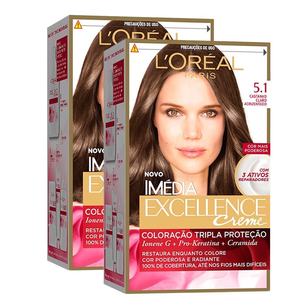 Kit 2 Tintura Creme Imédia Excellence L`oréal Castanho Claro Acinzentado 5.1 Kit