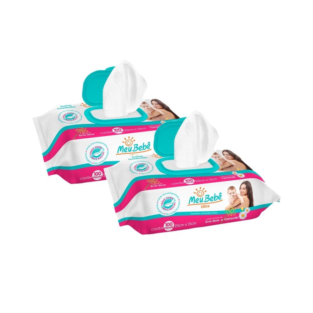 Kit 2 Toalha Umedecida Meu Bebê Ultra com Extrato de Erva Doce e Camomila 100 Unidades