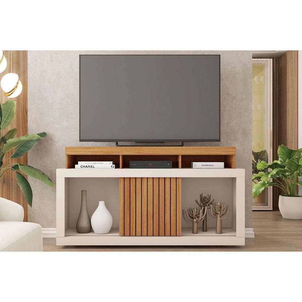 Rack Bancada P/ Tv Até 55 Pol Dragon C/ Nicho E Rodízios 136cm Freijo/off White - Caemmun