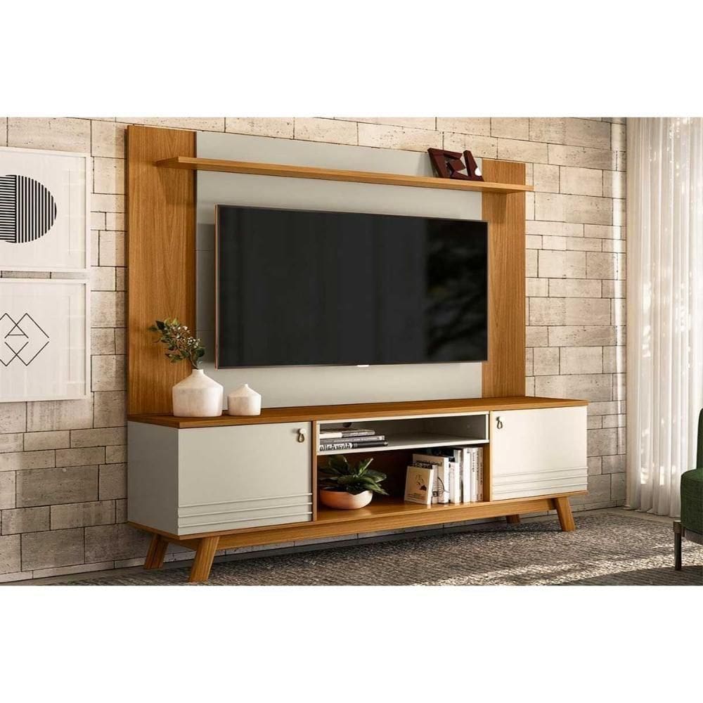 Rack Bancada C/ Painel P/ Tv Até 55 Pol Colorado/tulum 2 Portas 3 Prateleiras 180x188cm Nature/off White - Linea Brasil