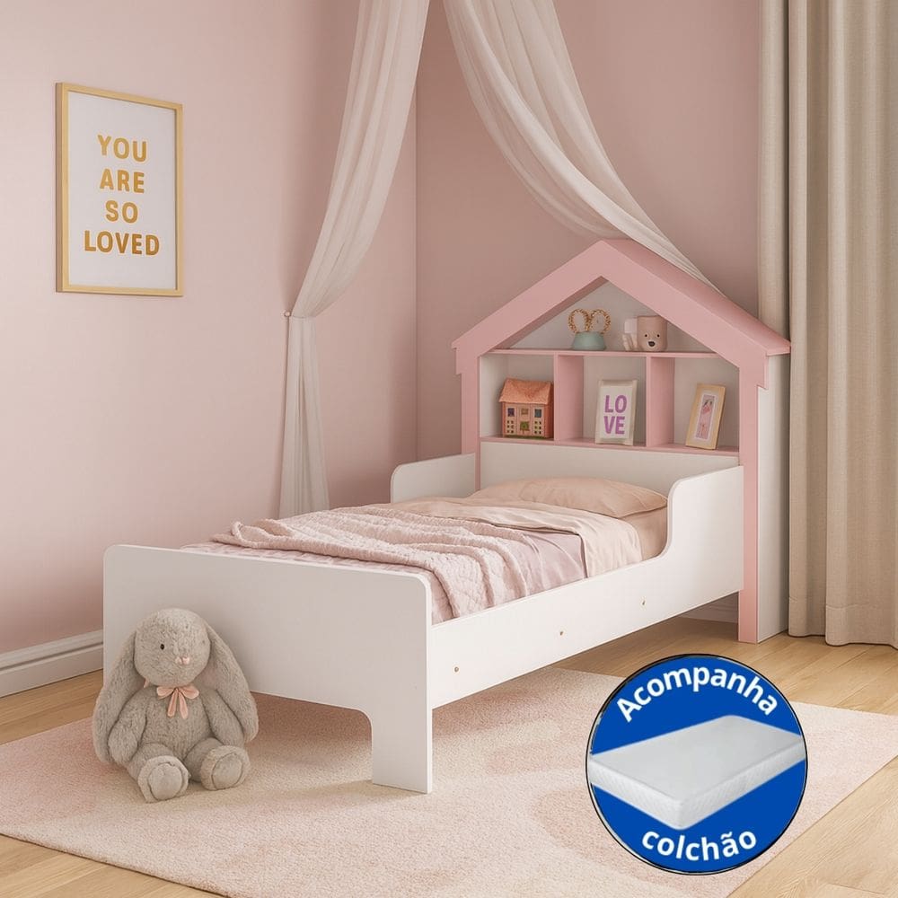 Cama Infantil Solteiro Casinha Nicho Com Colchão Proteção Lateral