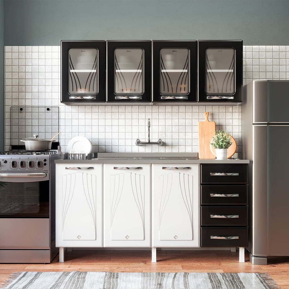 Armário de Cozinha de Aço Star 2 Peças com Vidro e Balcão para Pia Branco/Preto