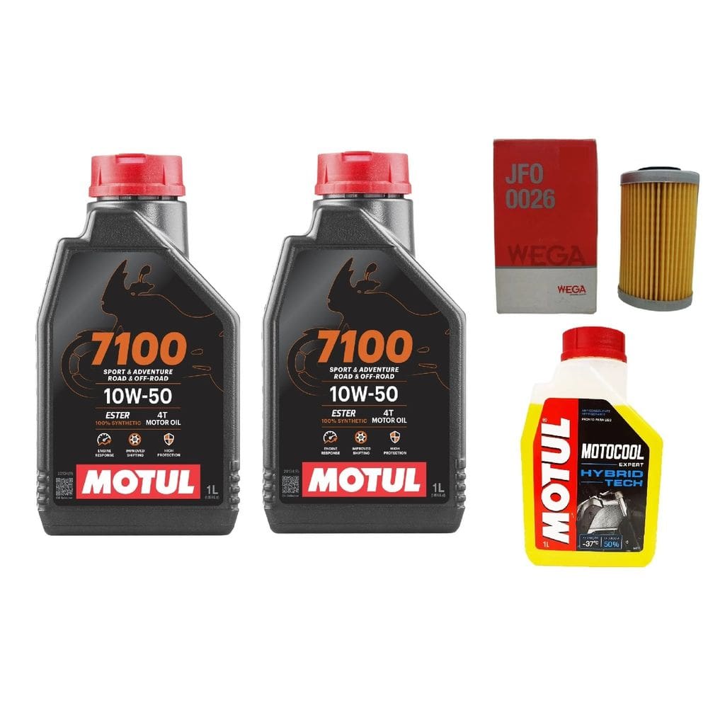 TROCA ÓLEO 2L MOTUL 7100 10W50 4T SINTÉTICO + 1 filtro Wega JFO0026 + 1 ADITIVO MOTUL MOTOCOOL -37º DOMINAR 400