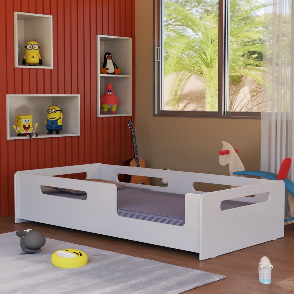 Cama Solteiro Baixa Para Transição Berço Proteção Lateral Montessoriana Sem Colchão