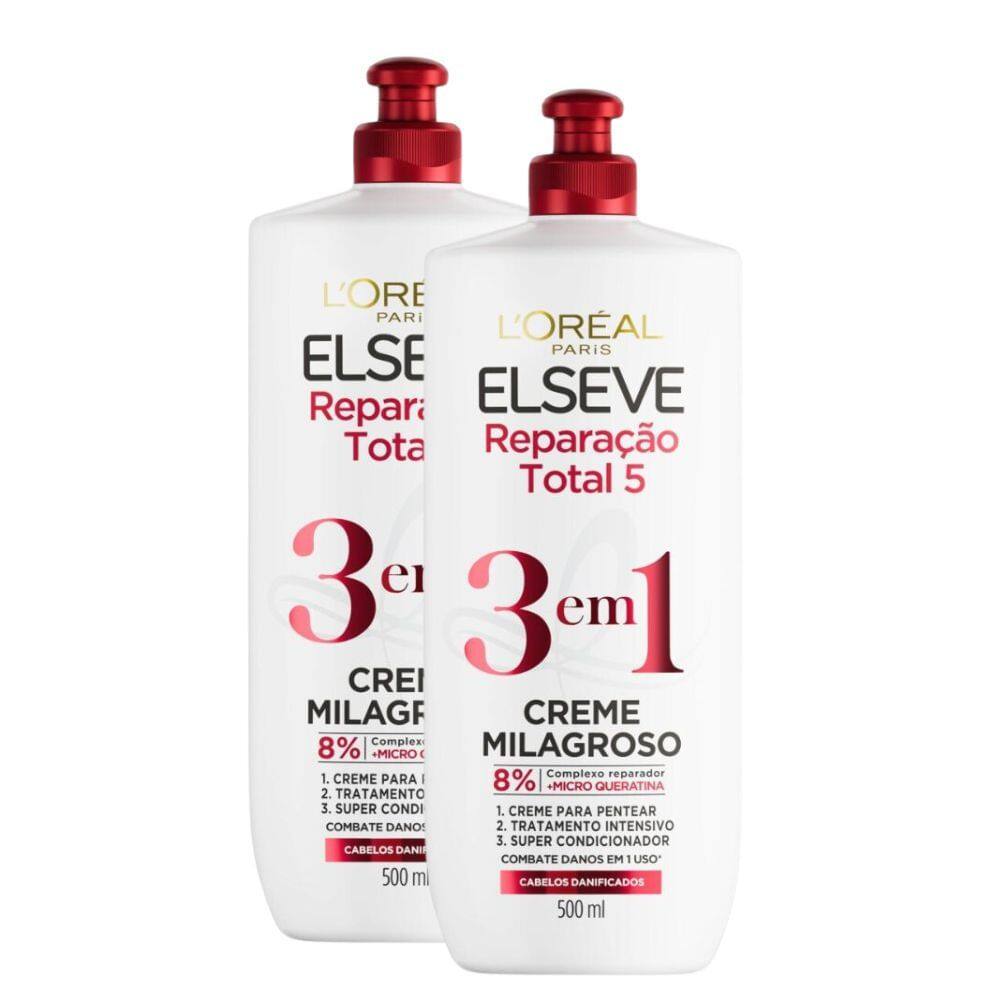 Kit 2 Creme para Pentear Elseve Milagroso 3 em 1 Reparação Total 5 com 500ml