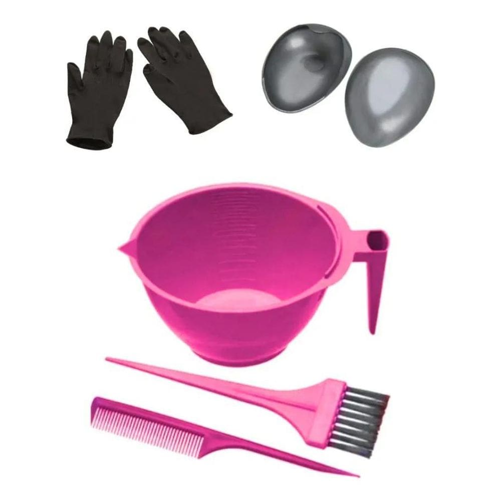 Kit Rosa Aplicador De Químicas Cumbuca Pincel Pente E Luvas