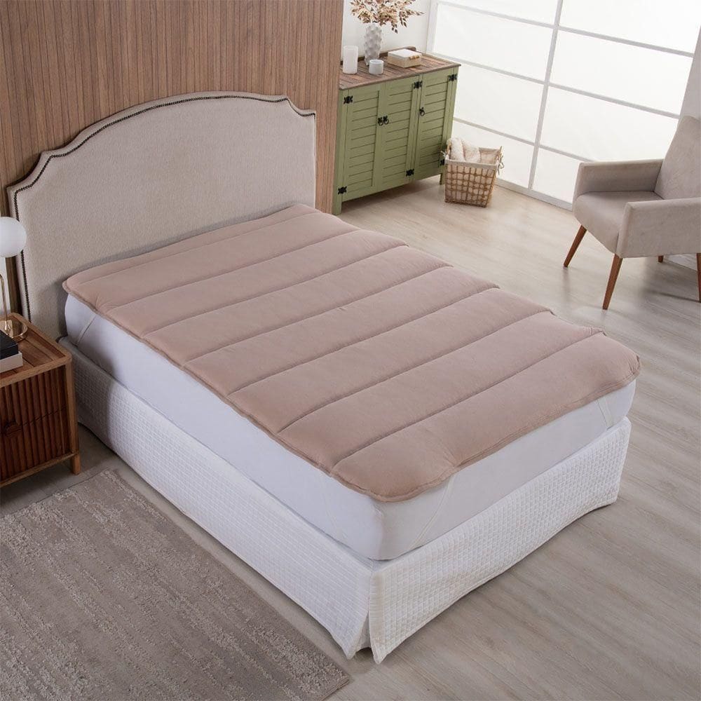 Protetor Colchão Pillow Top Casal Queen Malha 100% Algodão Toque Aveludado - Bege